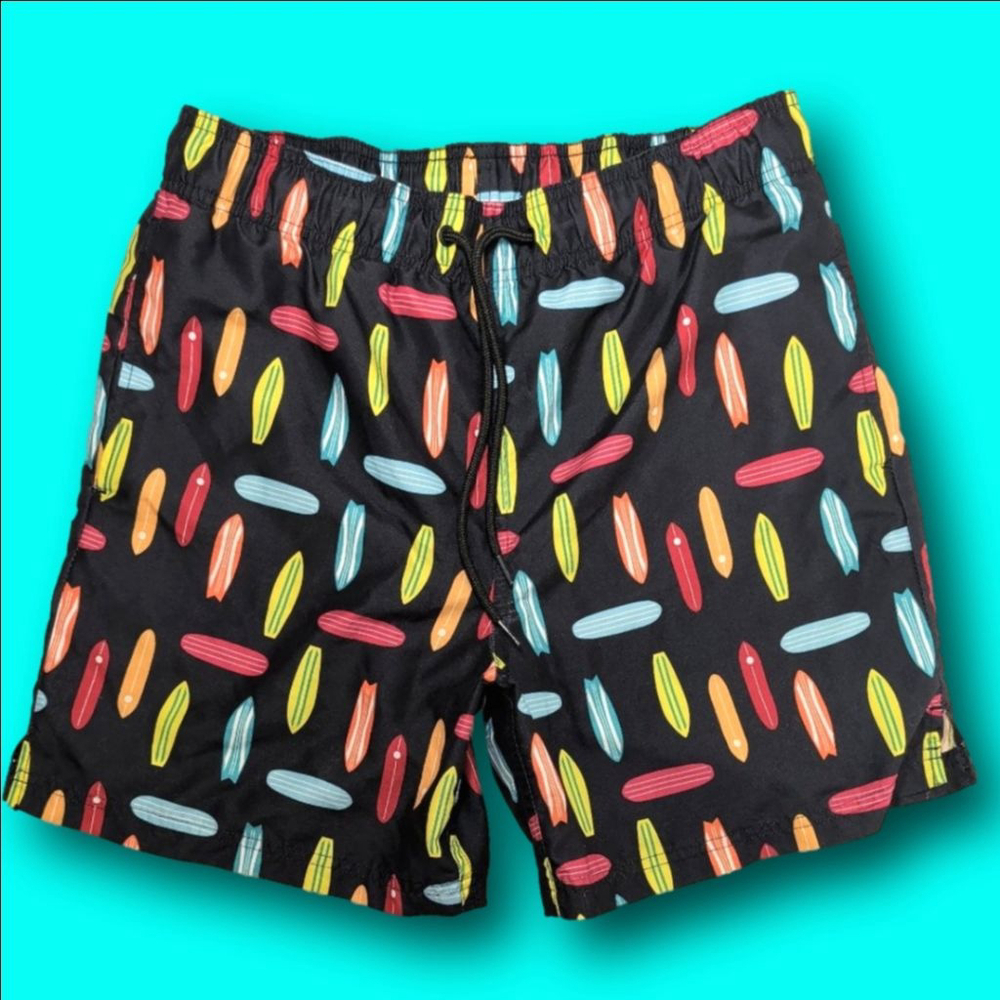 Men's GEORGE Swim Trunks M Black Multicolor Surfboard Print
